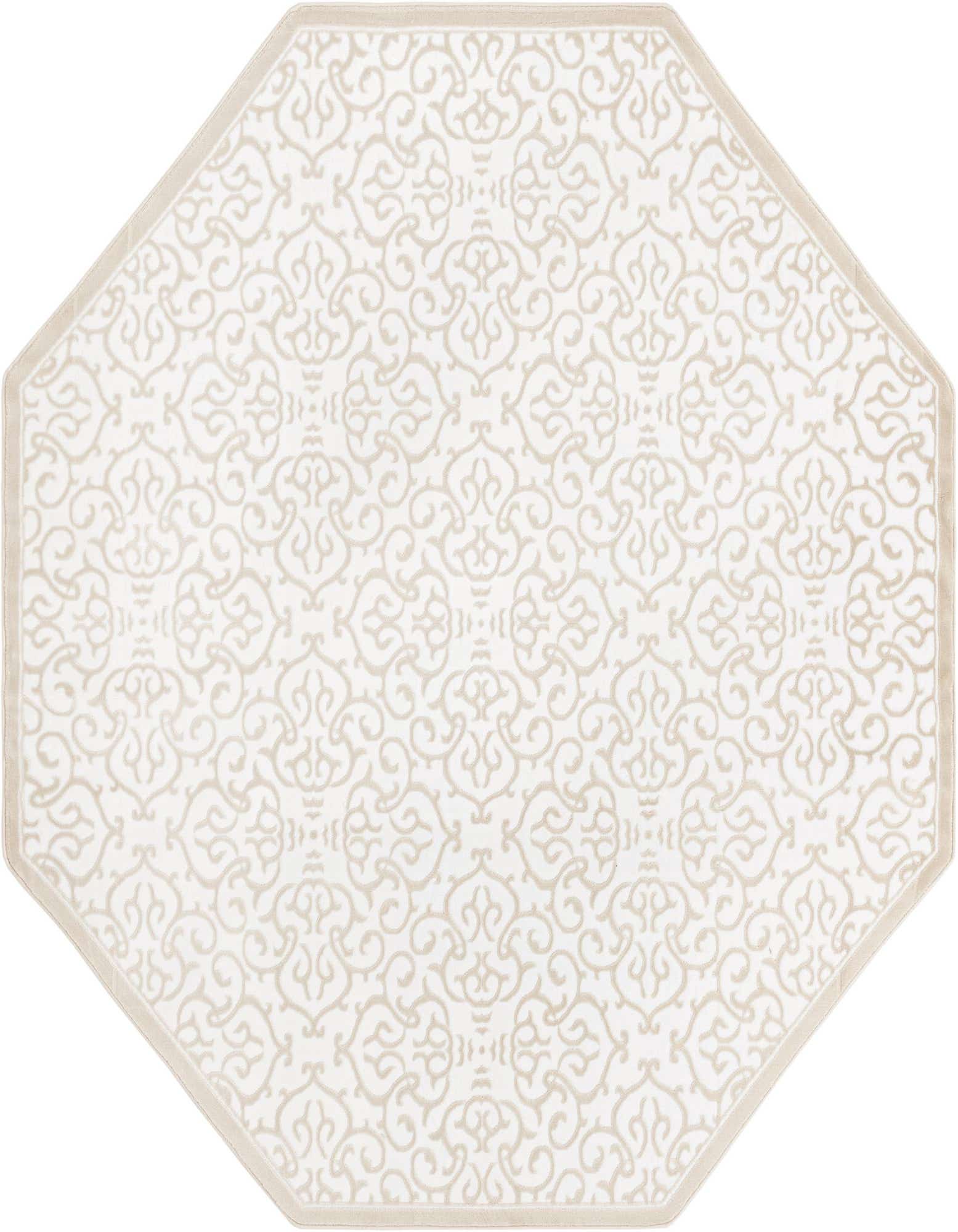 An octagon-shaped white area rug with a subtle beige Hollywood Regency floral pattern and a thin beige border.