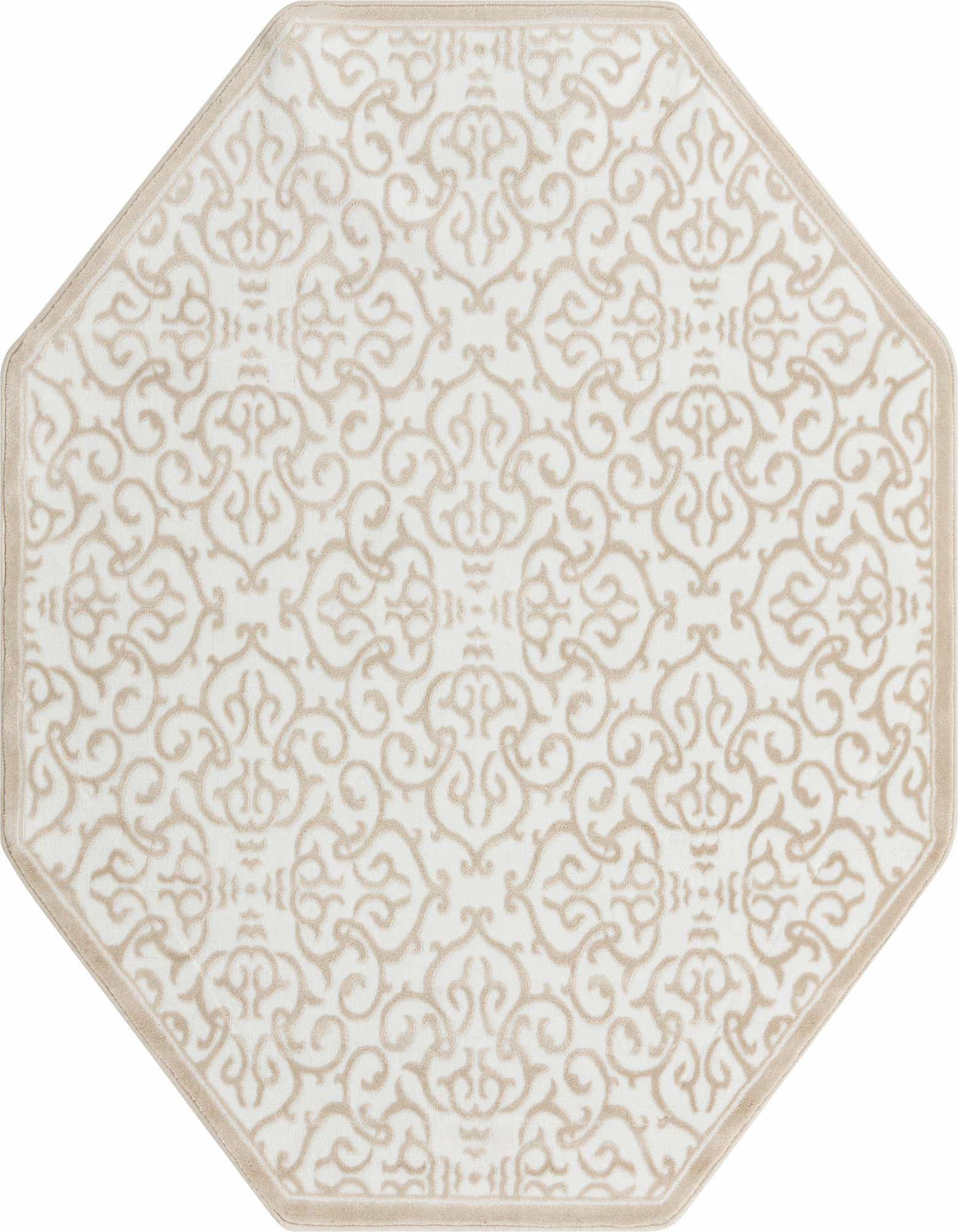 An octagon-shaped white area rug with a subtle beige border and intricate modern floral pattern.
