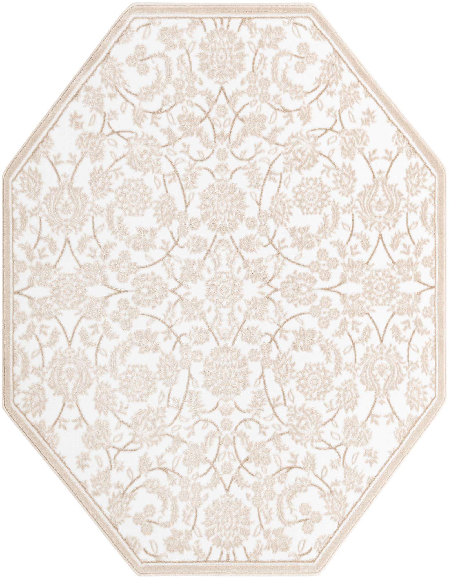 A 6' 0 x 6' 0 octagon rug with a white background and intricate beige traditional floral patterns, featuring a textured pile.
