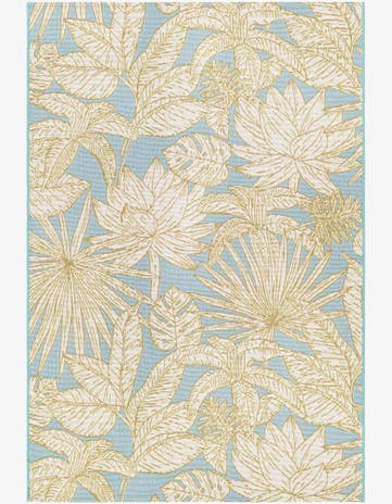 Soft Blue Easy-Clean Botanical Indoor / Outdoor Rug