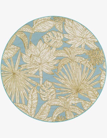 Soft Blue Easy-Clean Botanical Indoor / Outdoor Round Rug