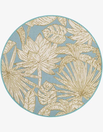 Soft Blue Easy-Clean Botanical Indoor / Outdoor Round Rug