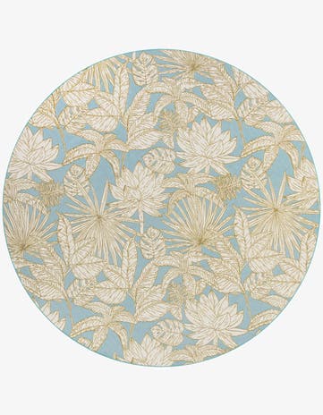 Soft Blue Easy-Clean Botanical Indoor / Outdoor Round Rug
