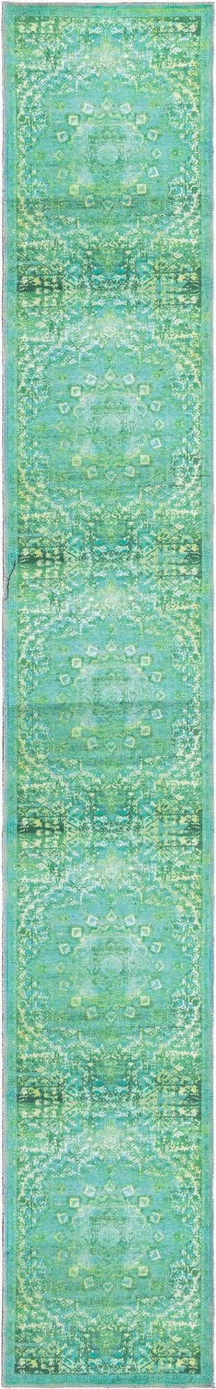 A 13 ft runner rug in varying shades of green, featuring a distressed traditional medallion pattern, ideal for a hallway.