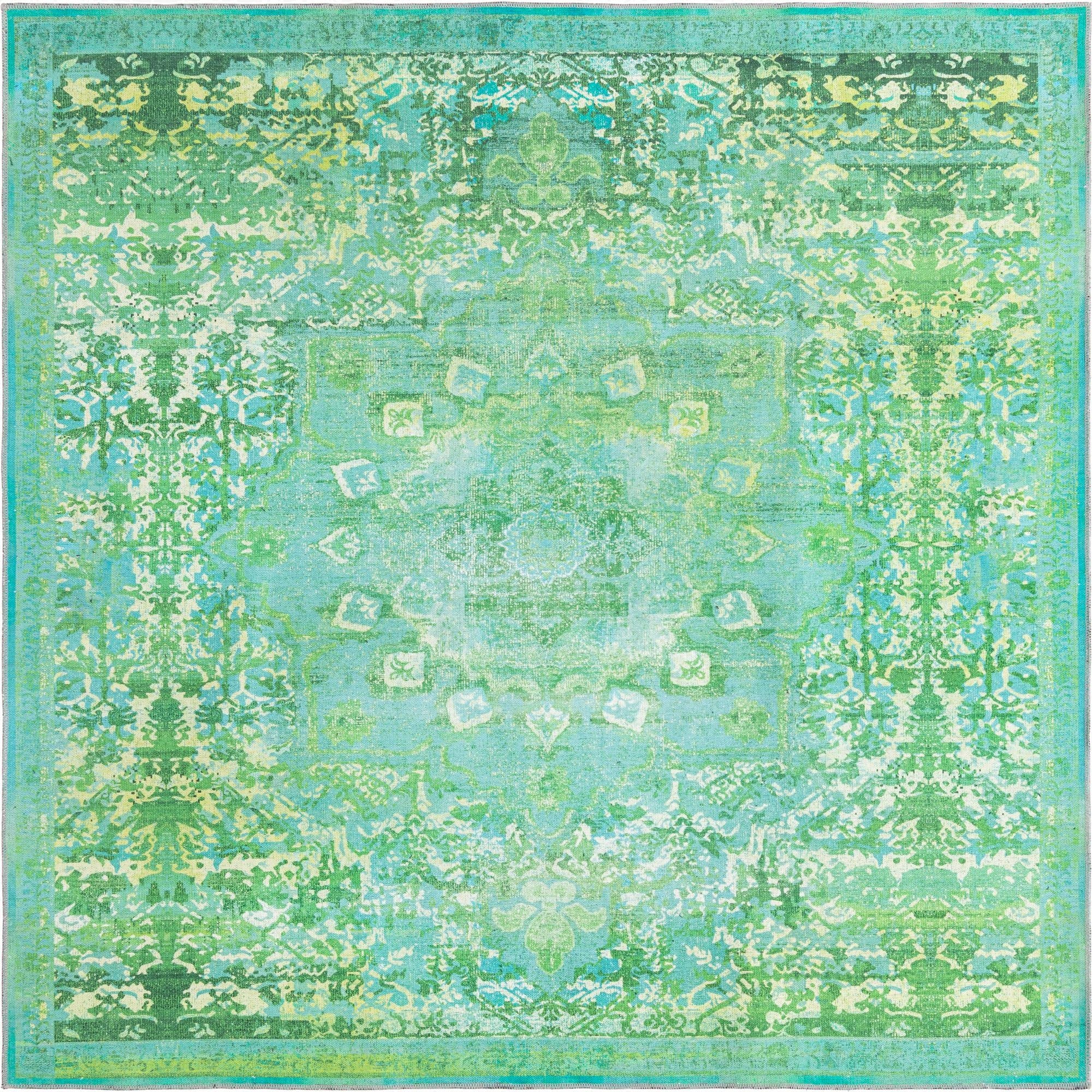 A 7' 3 x 7' 3 square Francesca rug in varying shades of green with a distressed traditional medallion pattern.