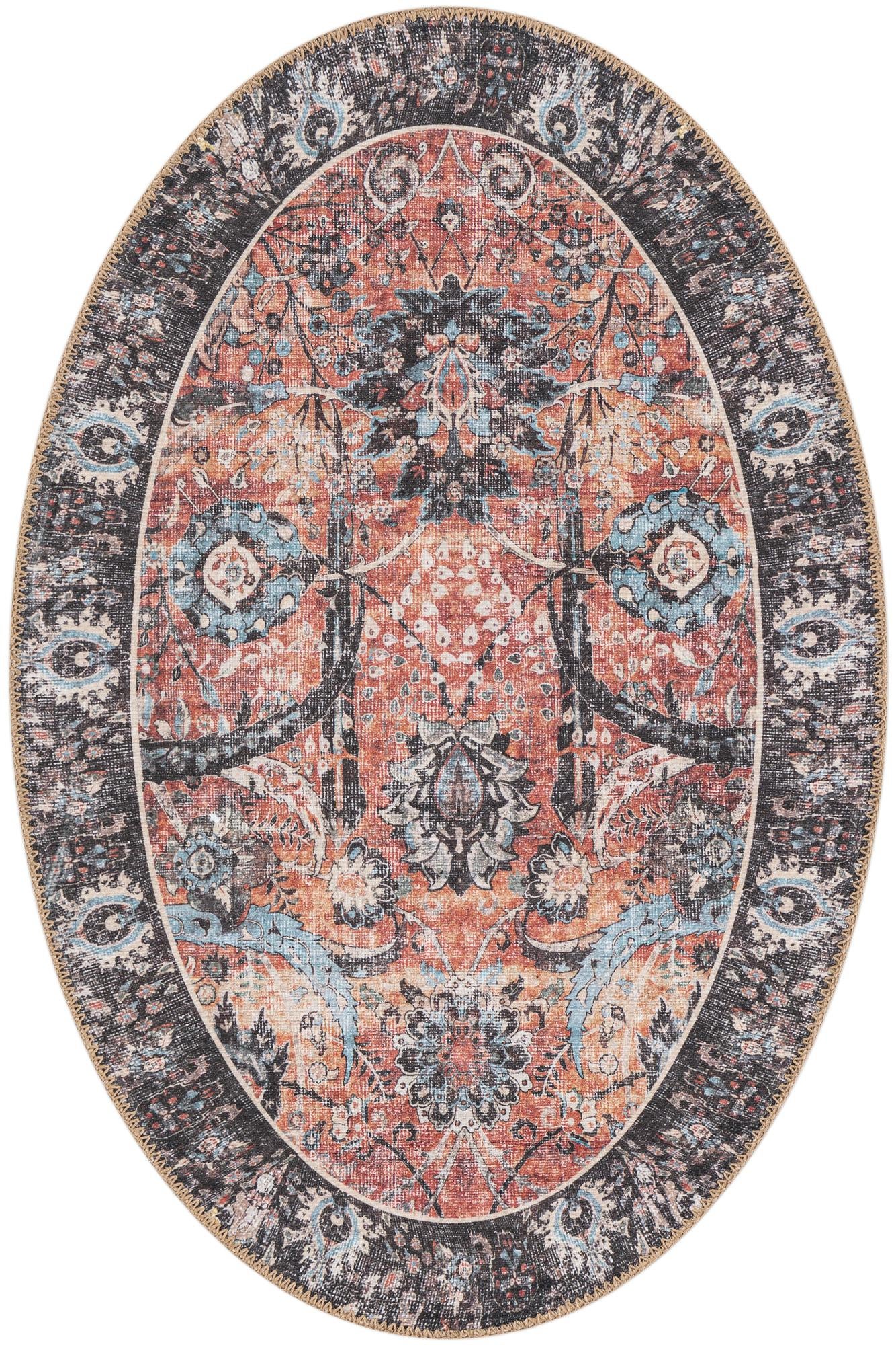 Starr · Vintage floral Washable Rug, rust and black