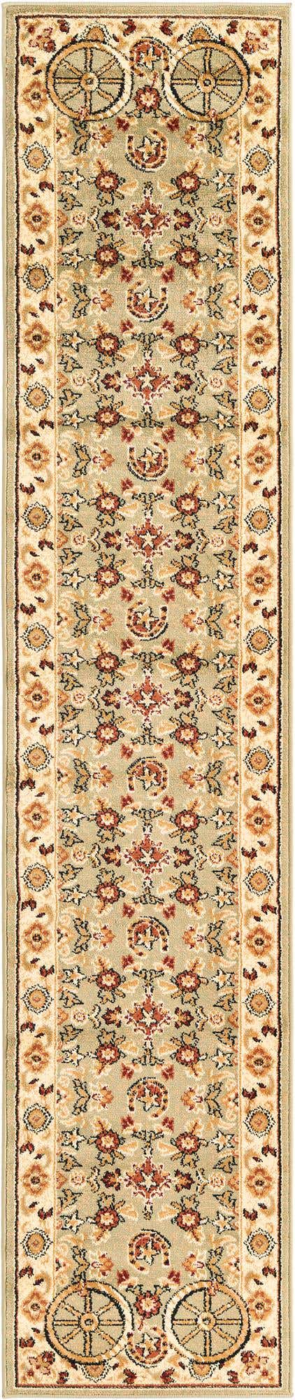 2' x 10' Tabor · Western round rug, green and rust