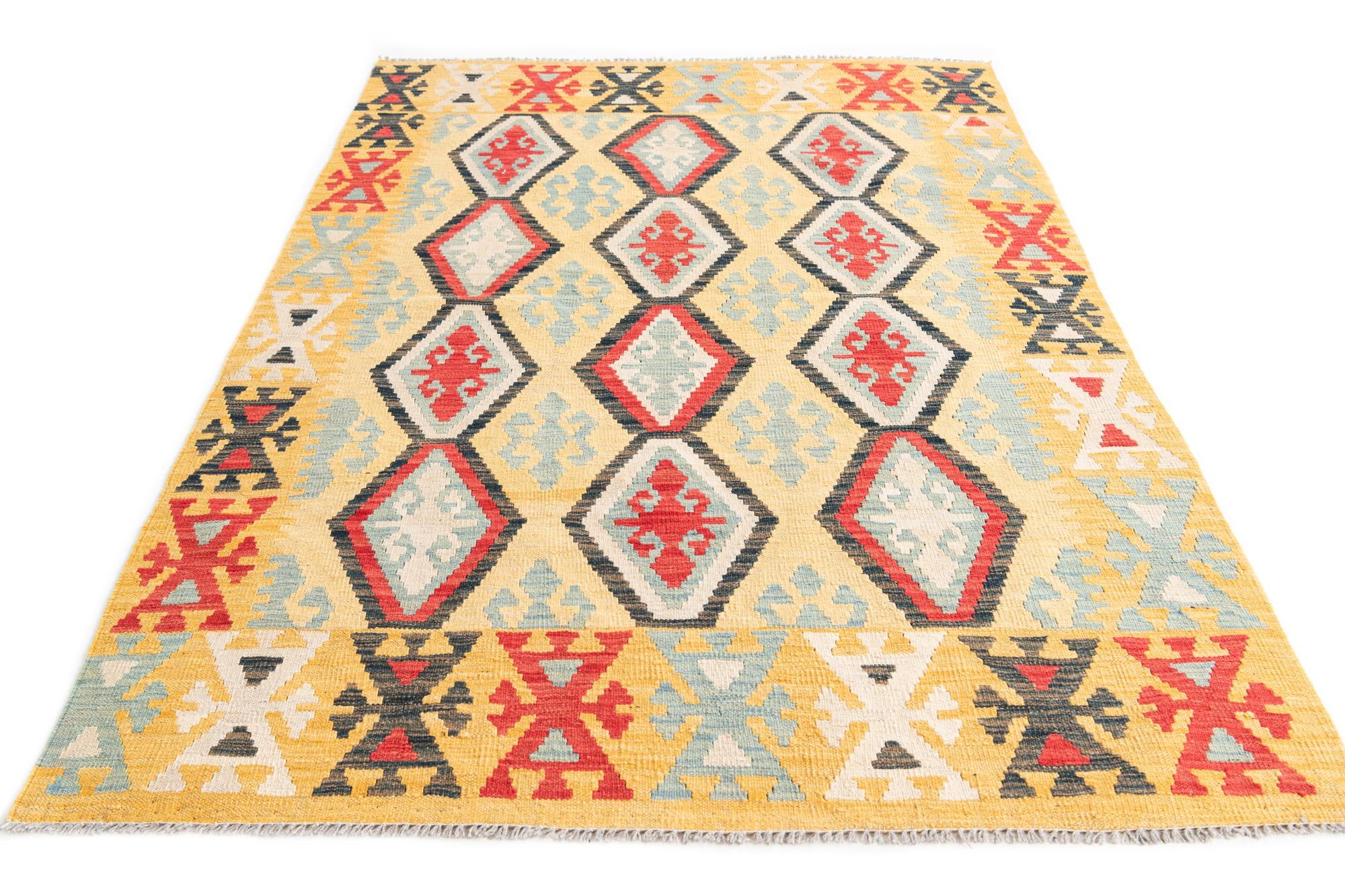 4' 3 x 6' 3 Hand Woven Kilim Maymana Wool Rug