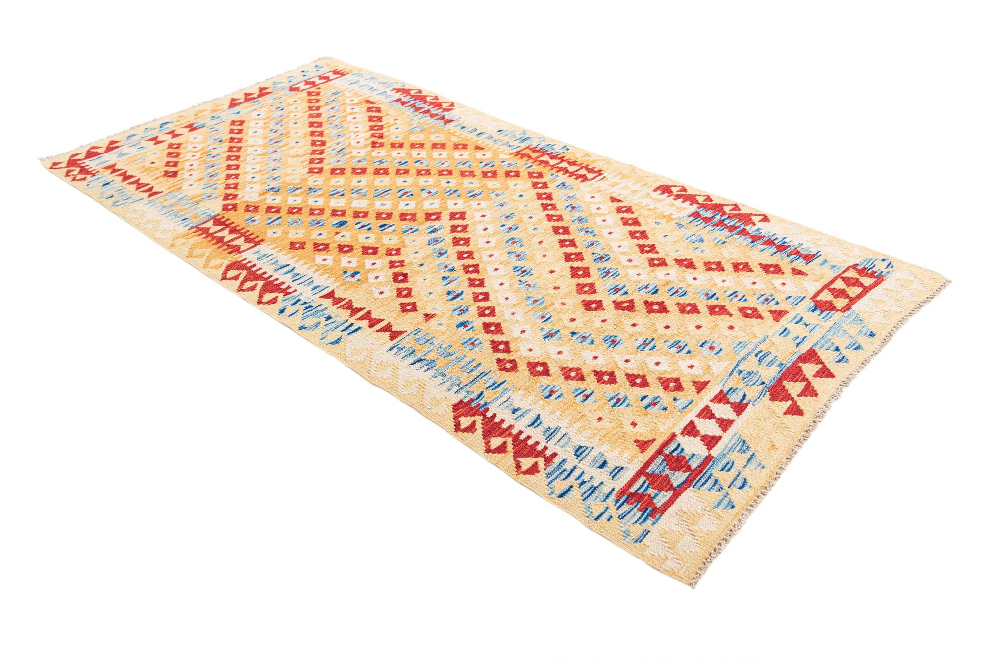 3' 4 x 6' 8 Hand Woven Kilim Maymana Wool Runner Rug