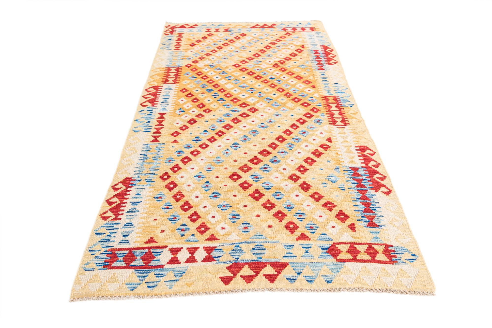 3' 4 x 6' 8 Hand Woven Kilim Maymana Wool Runner Rug
