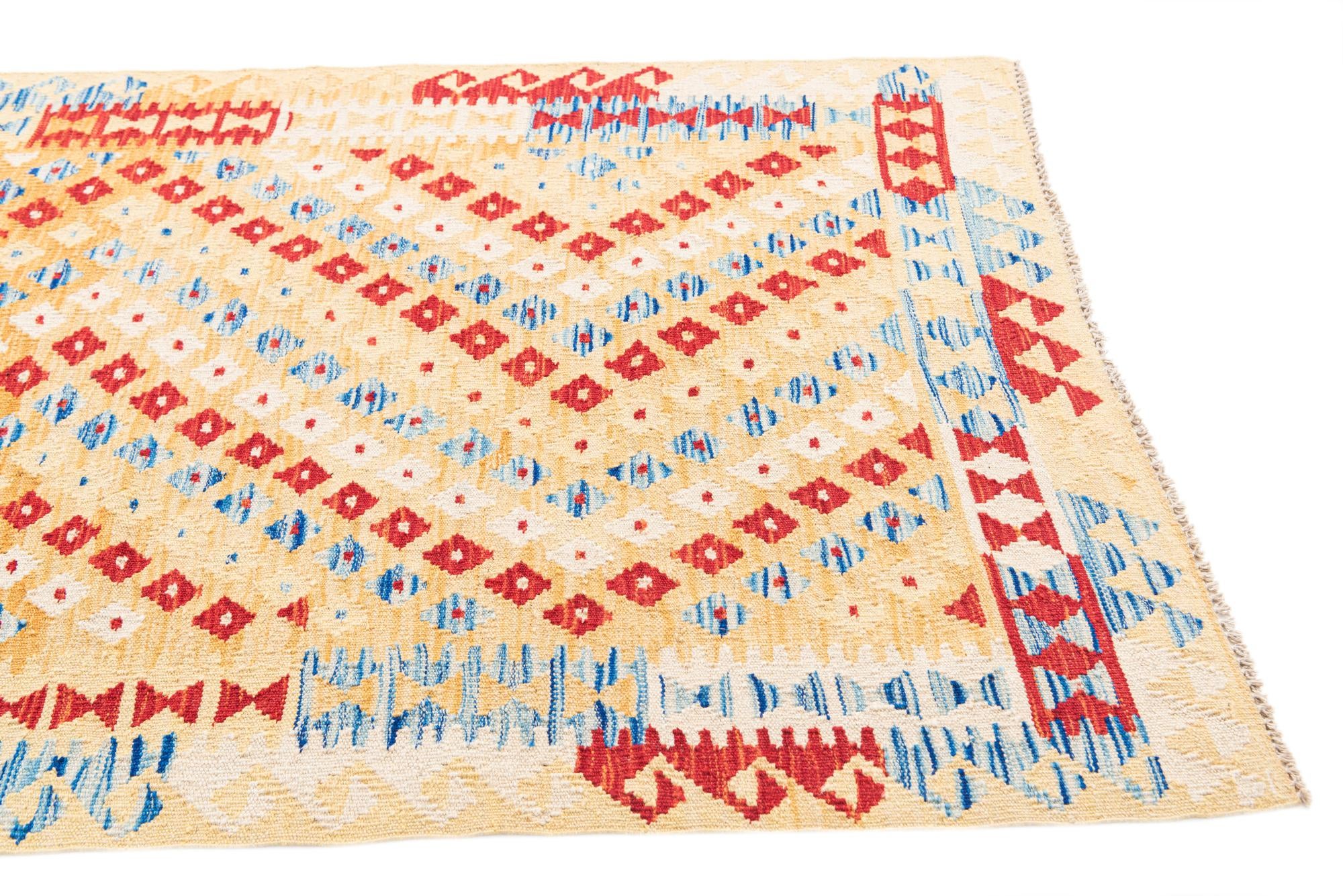 3' 4 x 6' 8 Hand Woven Kilim Maymana Wool Runner Rug