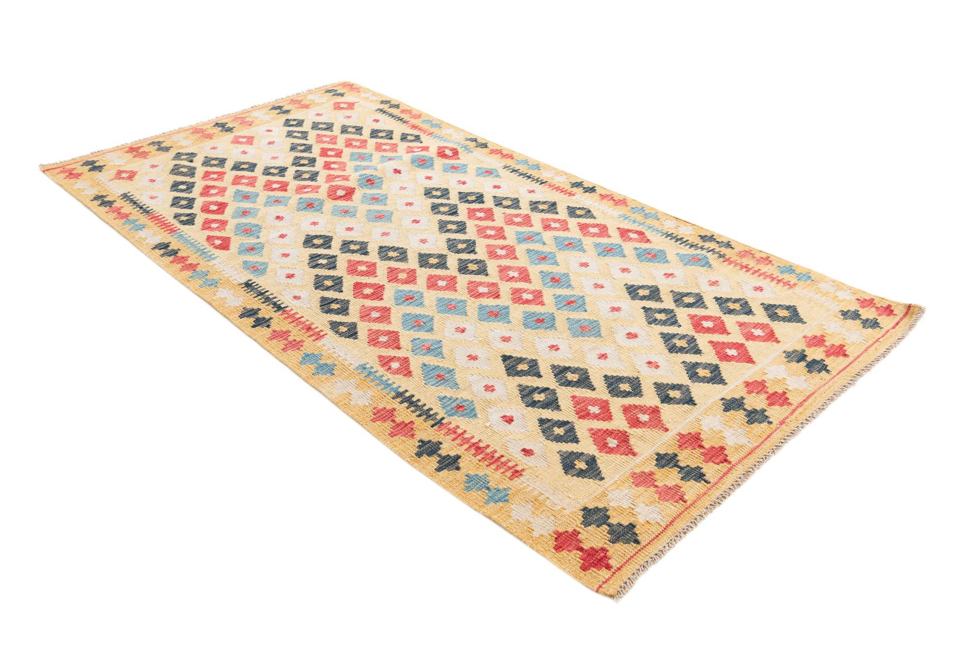 3' 5 x 6' 7 Hand Woven Kilim Maymana Wool Runner Rug