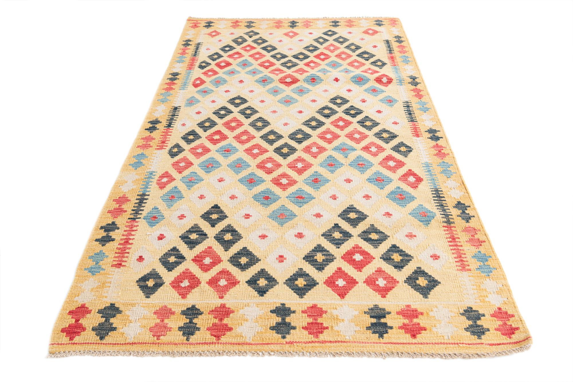 3' 5 x 6' 7 Hand Woven Kilim Maymana Wool Runner Rug