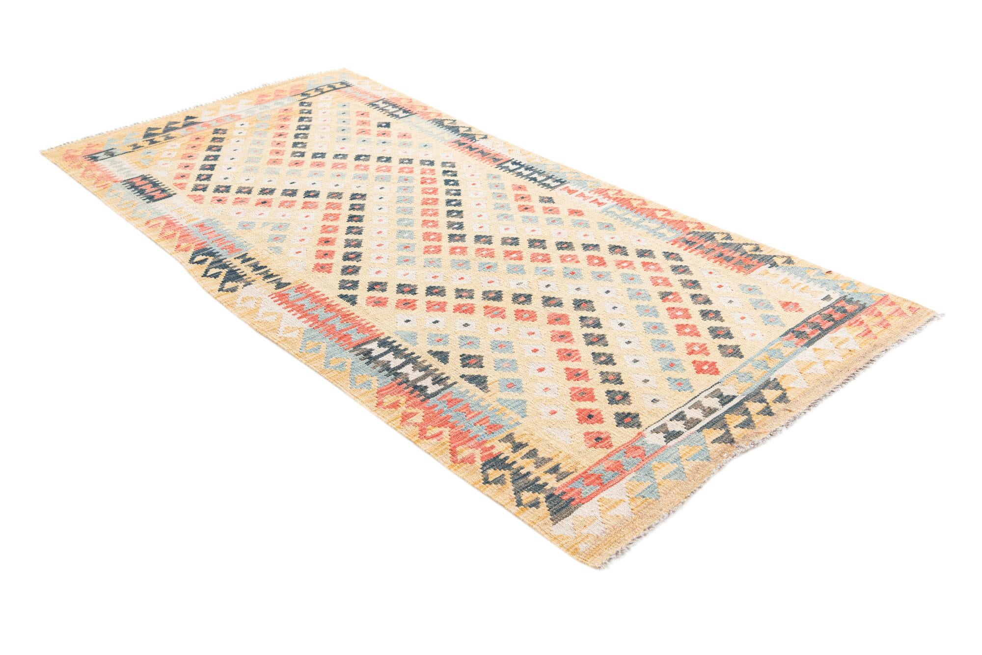 3' 3 x 6' 10 Hand Woven Kilim Maymana Wool Runner Rug