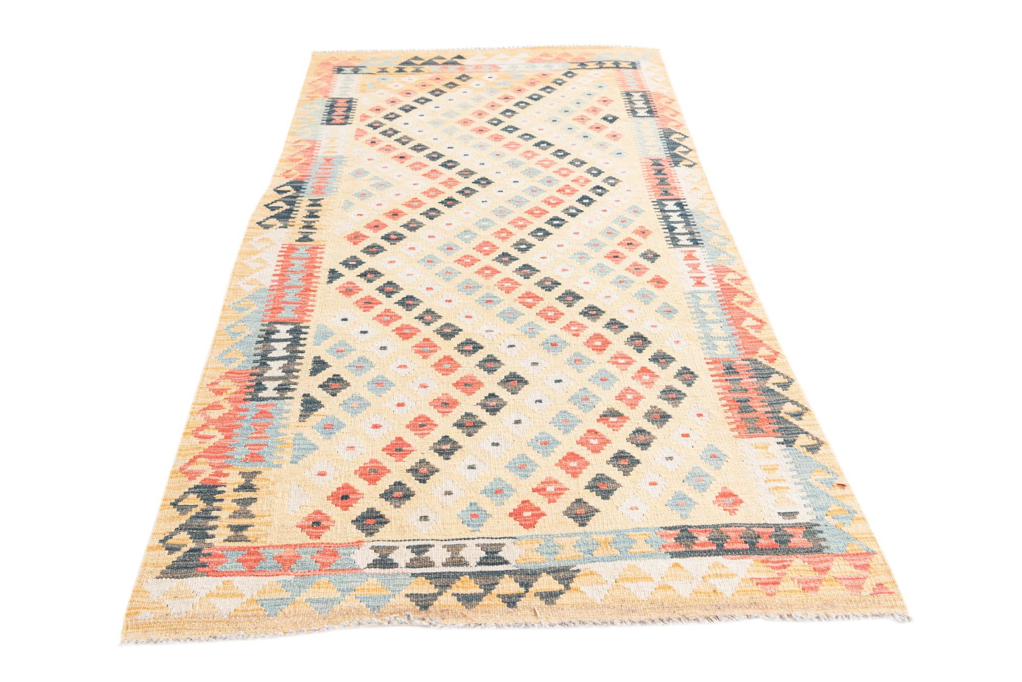 3' 3 x 6' 10 Hand Woven Kilim Maymana Wool Runner Rug