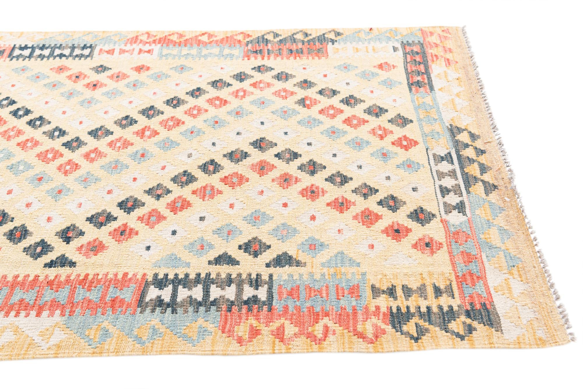 3' 3 x 6' 10 Hand Woven Kilim Maymana Wool Runner Rug