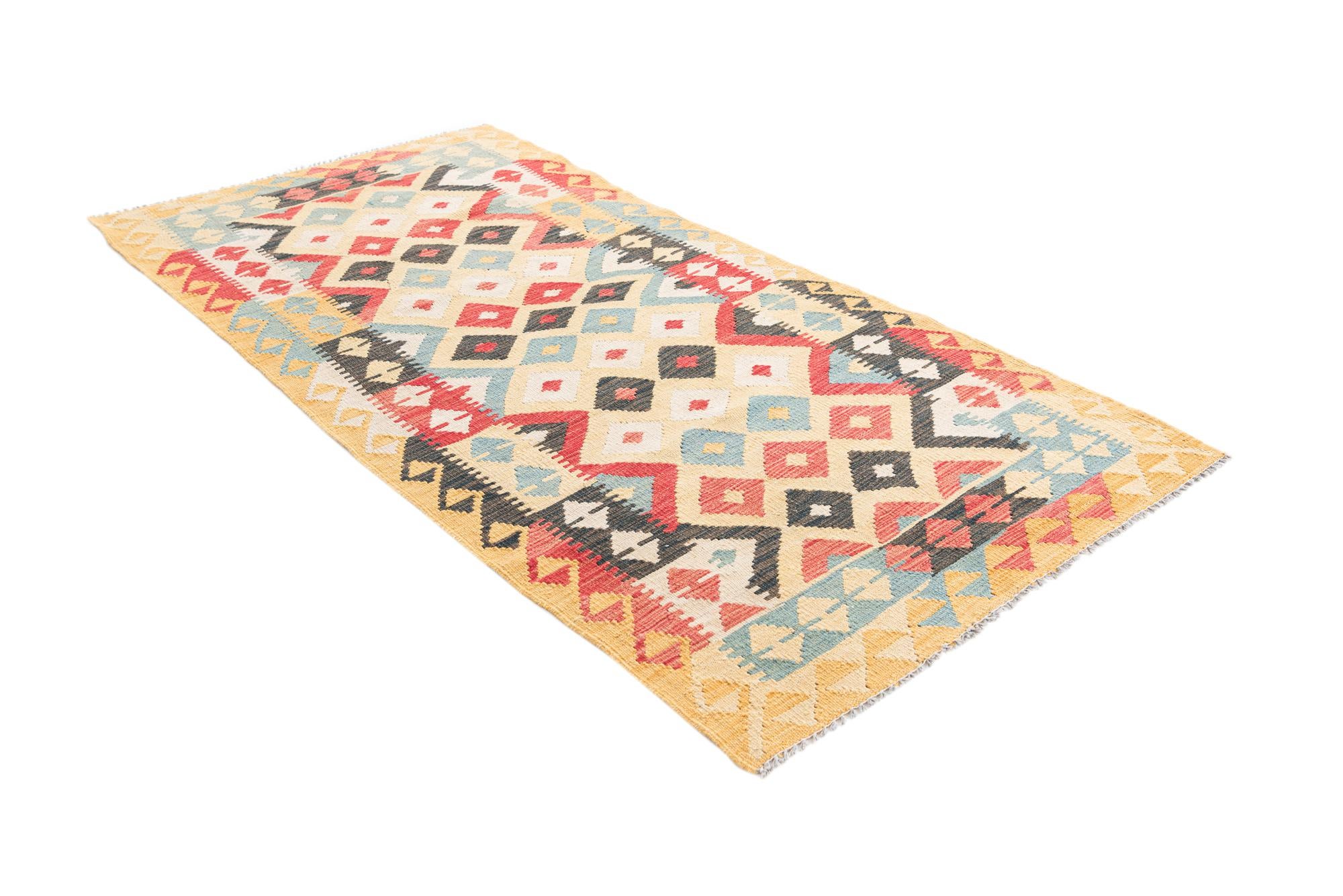 3' 4 x 6' 8 Hand Woven Kilim Maymana Wool Runner Rug