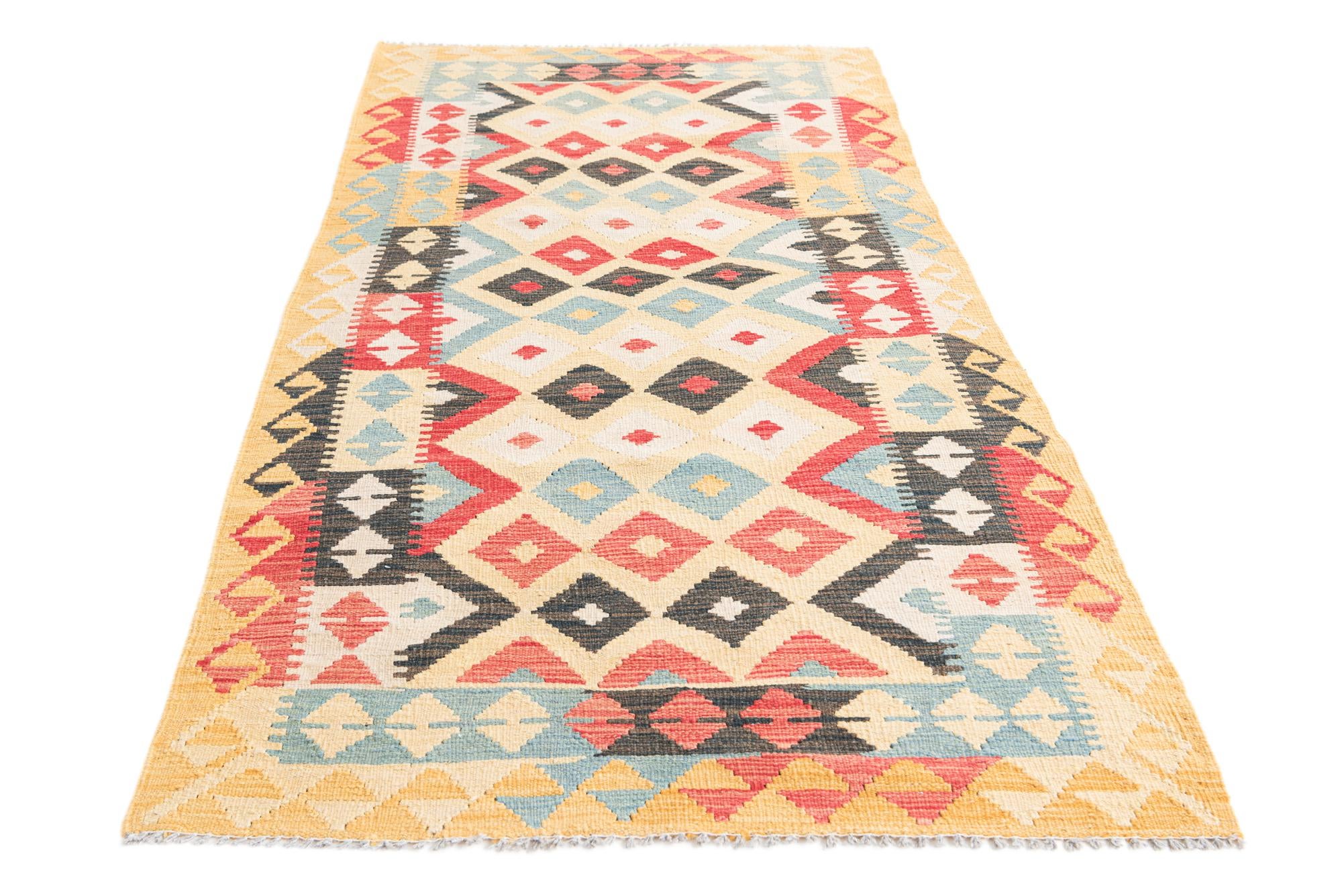 3' 4 x 6' 8 Hand Woven Kilim Maymana Wool Runner Rug