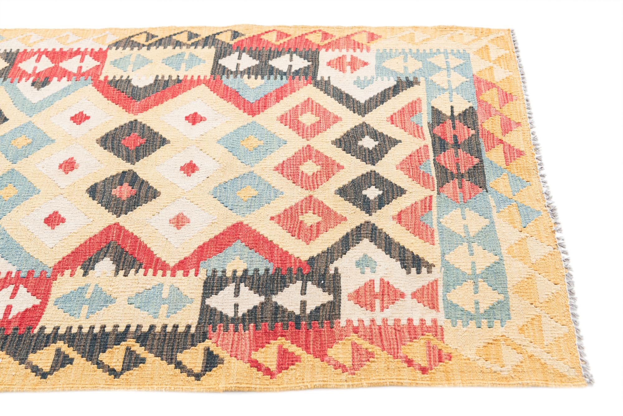 3' 4 x 6' 8 Hand Woven Kilim Maymana Wool Runner Rug