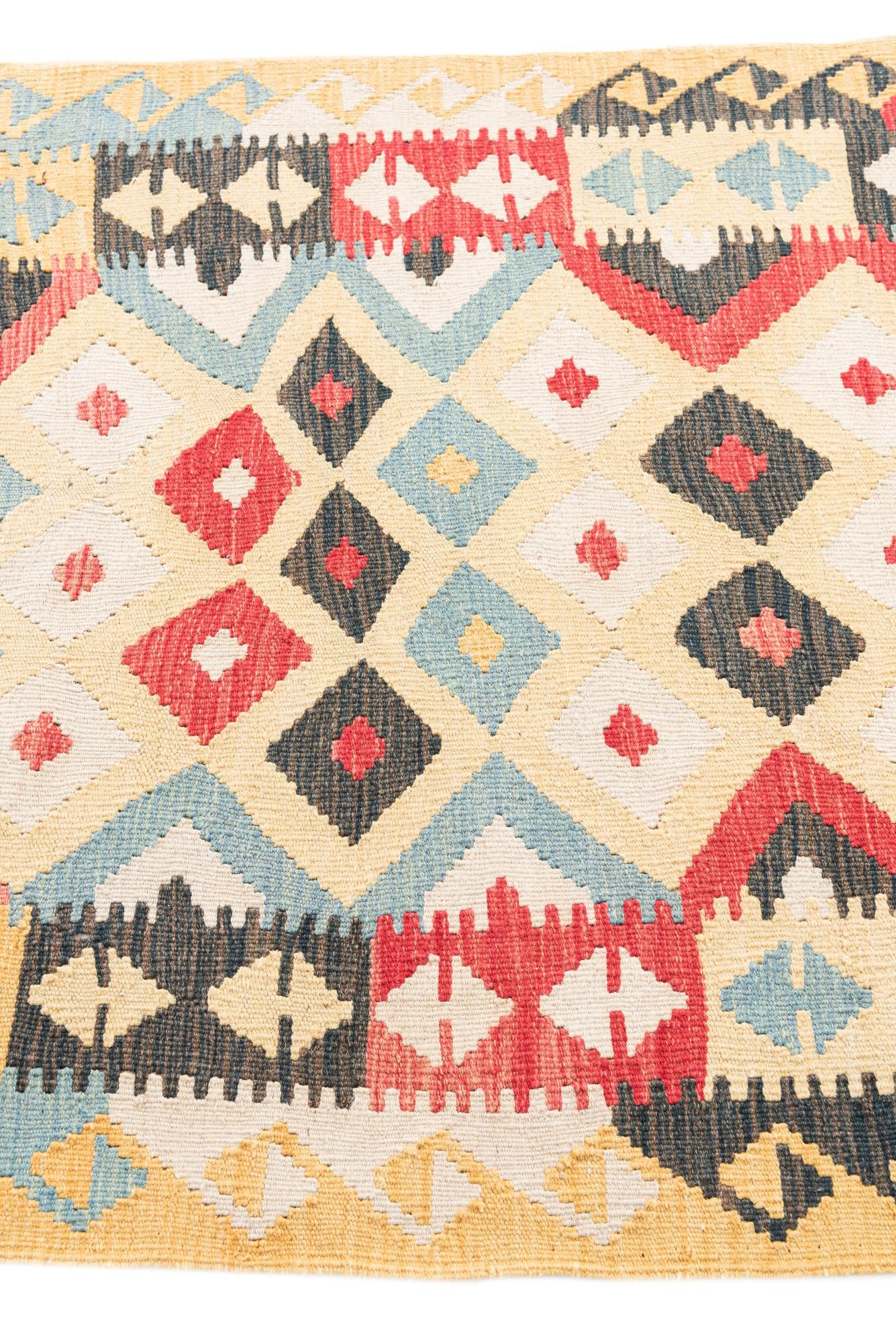 3' 4 x 6' 8 Hand Woven Kilim Maymana Wool Runner Rug