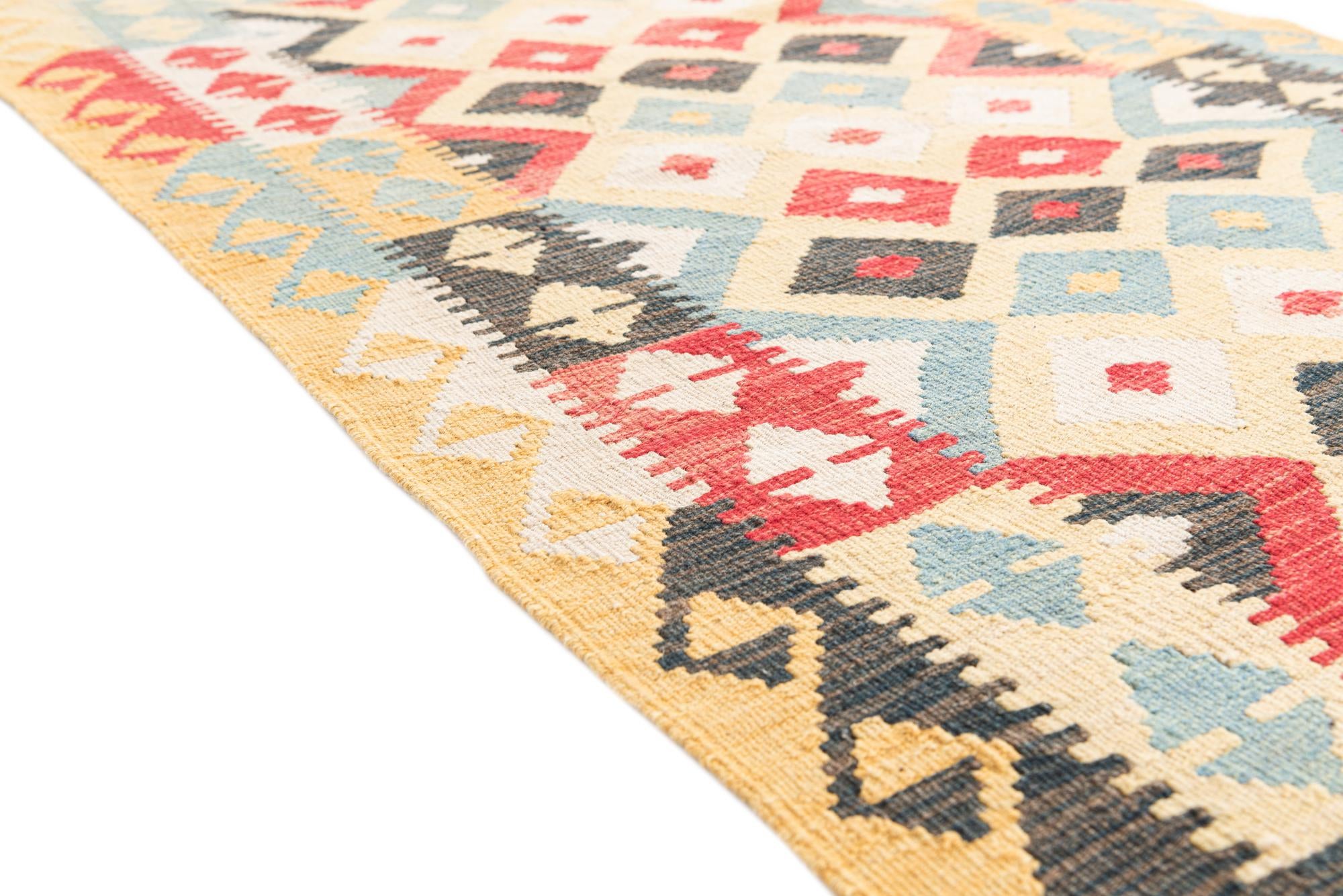 3' 4 x 6' 8 Hand Woven Kilim Maymana Wool Runner Rug