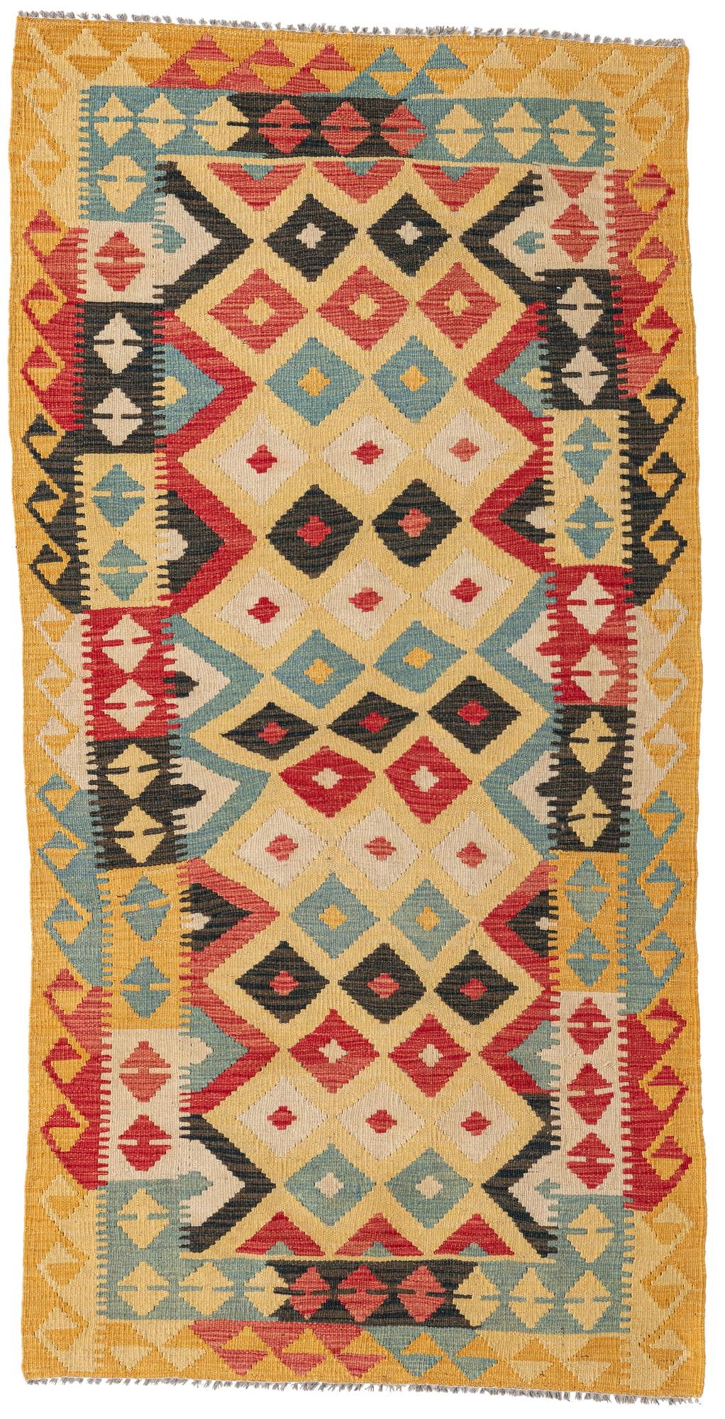 3' 4 x 6' 8 Hand Woven Kilim Maymana Wool Runner Rug