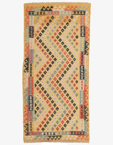 3' 3 x 6' 10 Hand Woven Kilim Maymana Wool Runner Rug