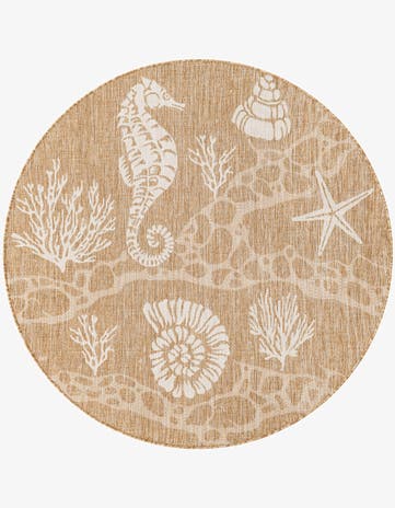 Taupe Easy-Clean Coastal Indoor / Outdoor Round Rug