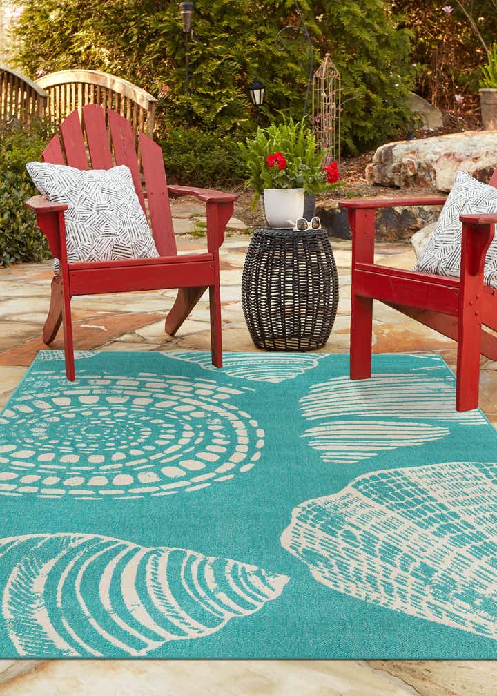 Teal 4' x 6' Outdoor Coastal Indoor / Outdoor Rug