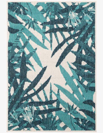 Teal blue Easy-Clean Botanical Indoor / Outdoor Rug