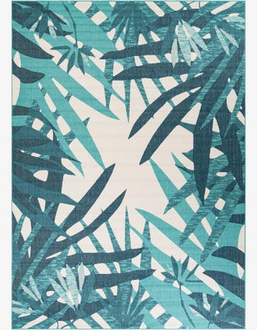 Teal blue Easy-Clean Botanical Indoor / Outdoor Rug
