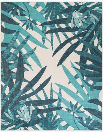 Teal blue Easy-Clean Botanical Indoor / Outdoor Rug