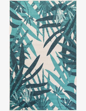Teal blue Easy-Clean Botanical Indoor / Outdoor Rug