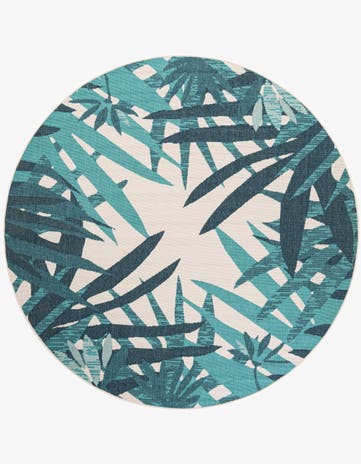 Teal blue Easy-Clean Botanical Indoor / Outdoor Round Rug