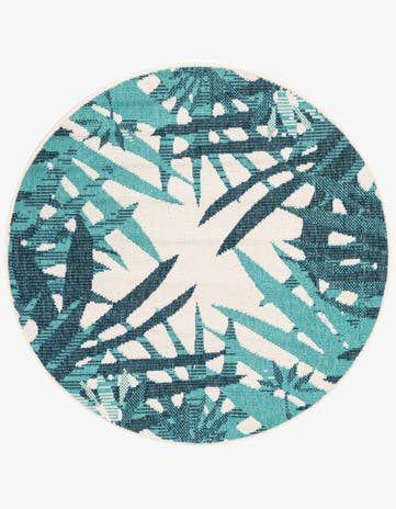 Teal blue Easy-Clean Botanical Indoor / Outdoor Round Rug