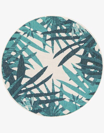 Teal blue Easy-Clean Botanical Indoor / Outdoor Round Rug