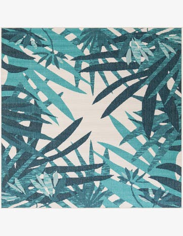 Teal blue Easy-Clean Botanical Indoor / Outdoor Square Rug
