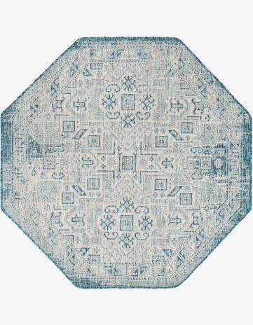 Teal Easy-Clean Aztec Indoor / Outdoor Octagon Rug