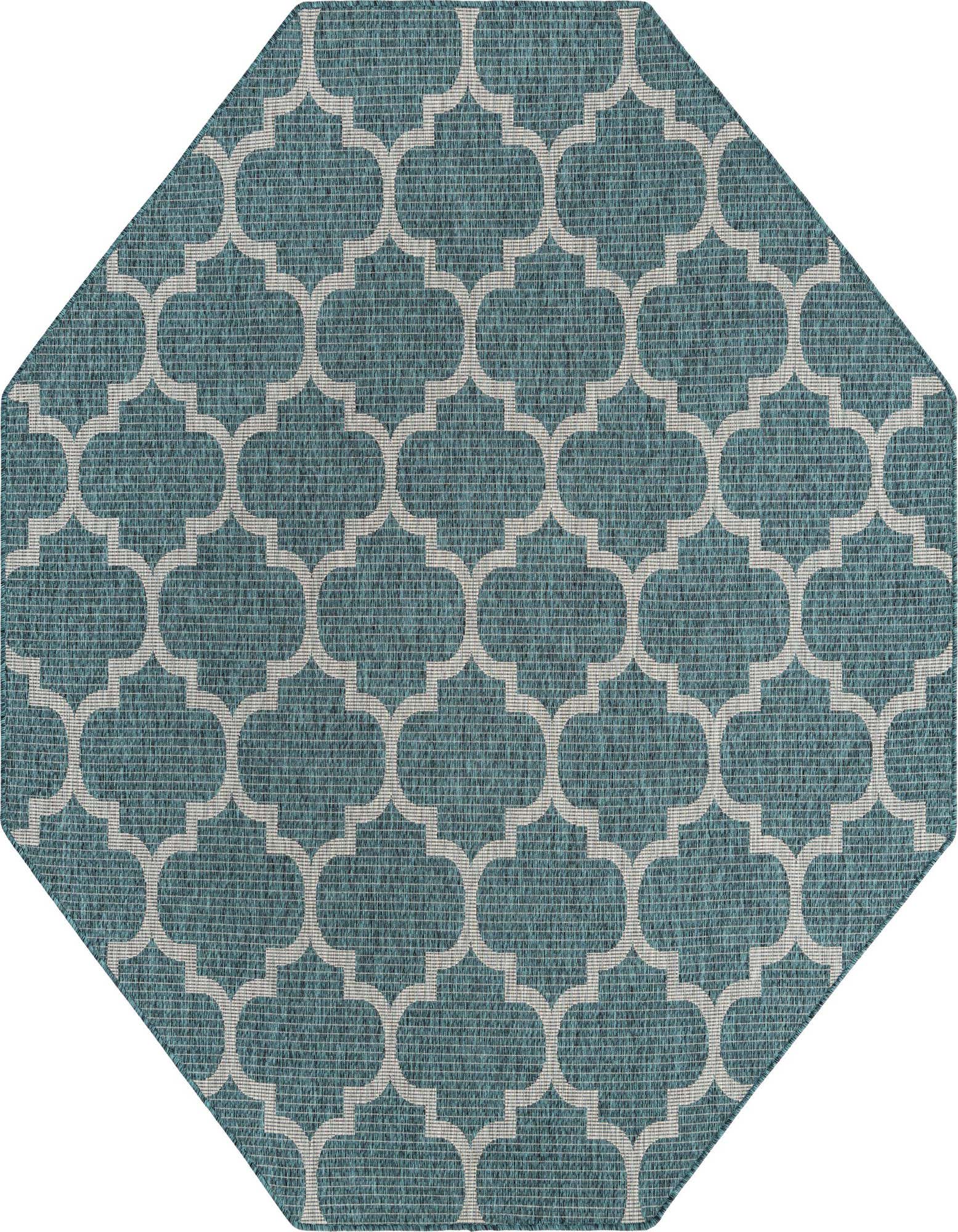 7' 10 x 7' 10 octagon rug in shades of blue and green with a white modern trellis pattern, suitable for indoor or outdoor use.