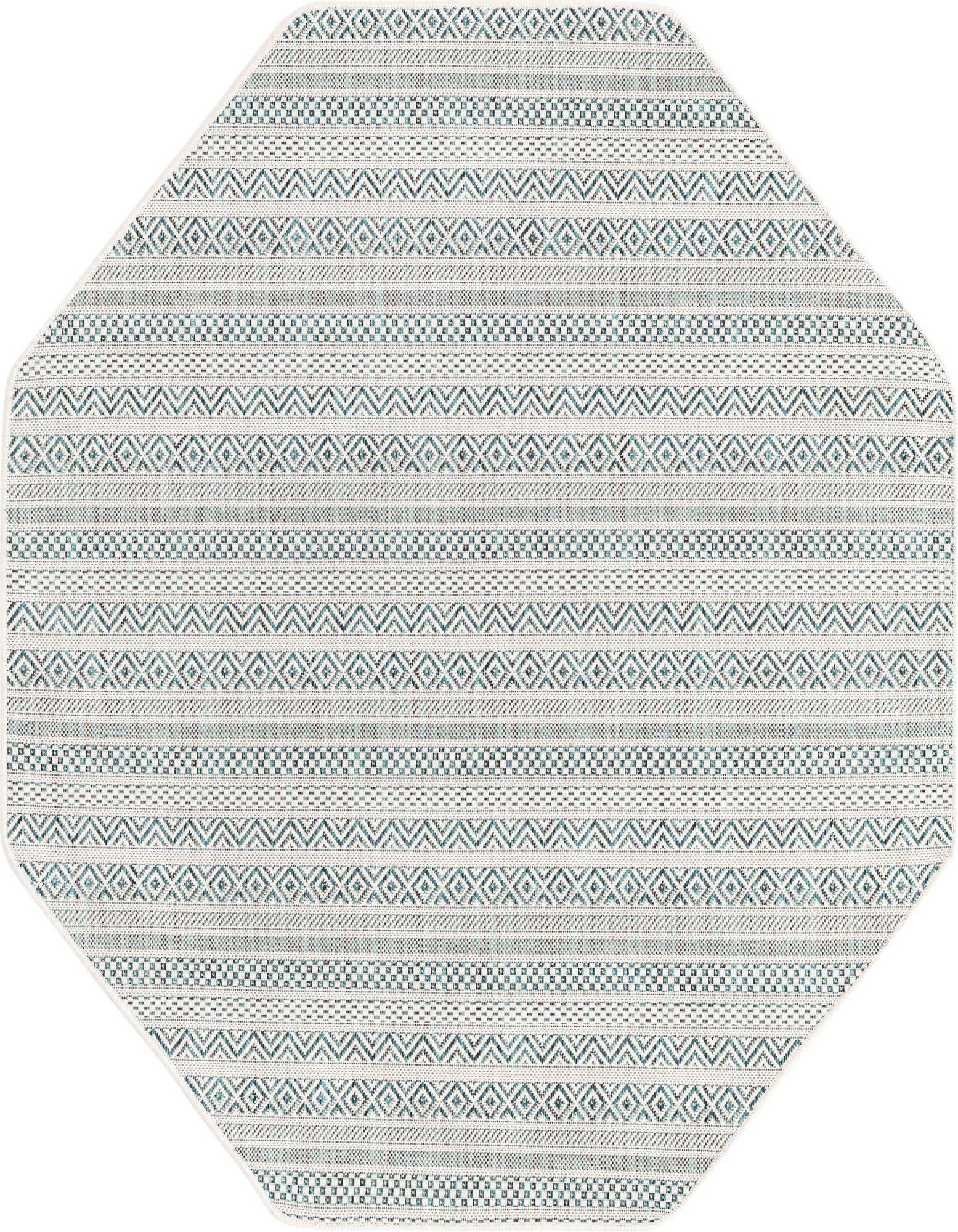 Octagon-shaped flatweave rug with a modern tribal pattern in shades of blue and green on an off-white background, suitable for indoor/outdoor use.