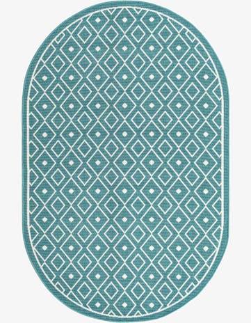 Teal Easy-Clean Trellis Indoor / Outdoor Oval Rug