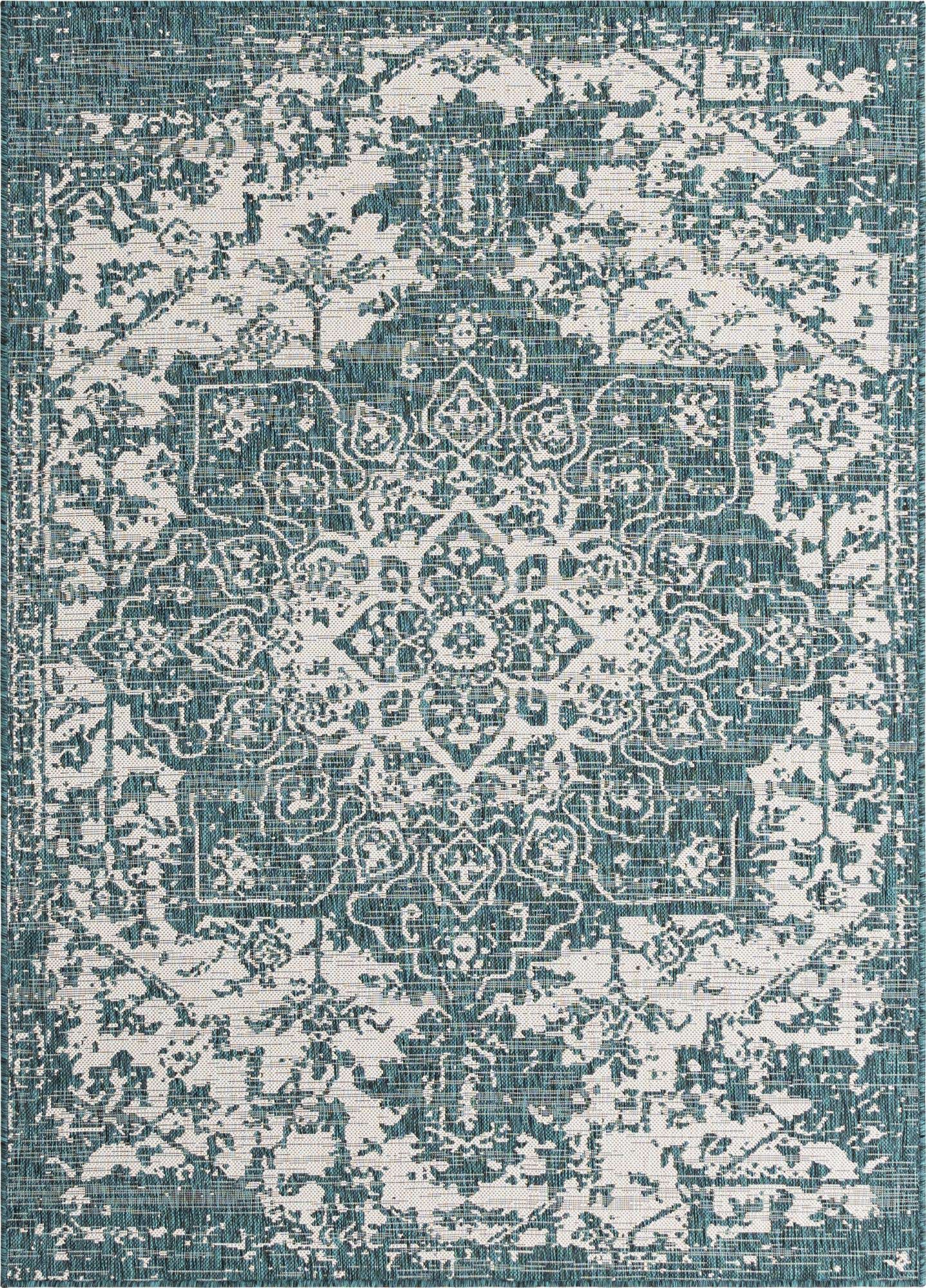 Custom Teal Easy-Clean Jill Zarin Indoor / Outdoor Rug