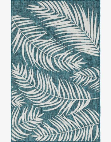 Teal Easy-Clean Botanical Indoor / Outdoor Rug