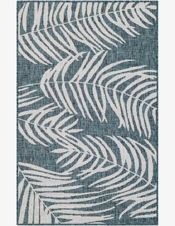 Teal Easy-Clean Botanical Indoor / Outdoor Rug