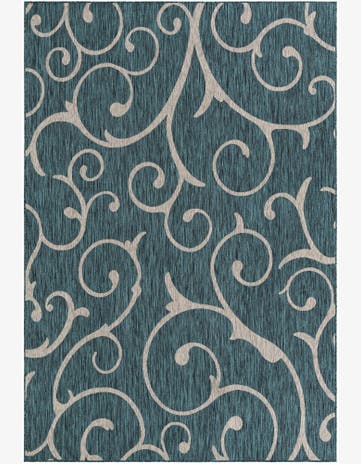 Teal Easy-Clean Botanical Indoor / Outdoor Rug