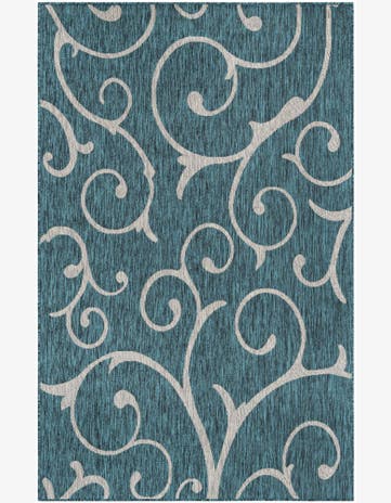 Teal Easy-Clean Botanical Indoor / Outdoor Rug