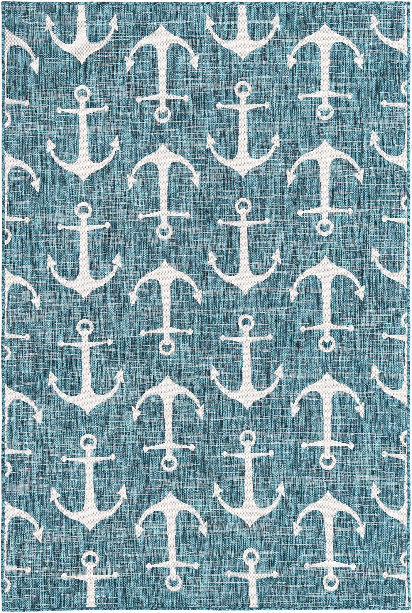 Custom Teal Easy-Clean Coastal Indoor / Outdoor Rug