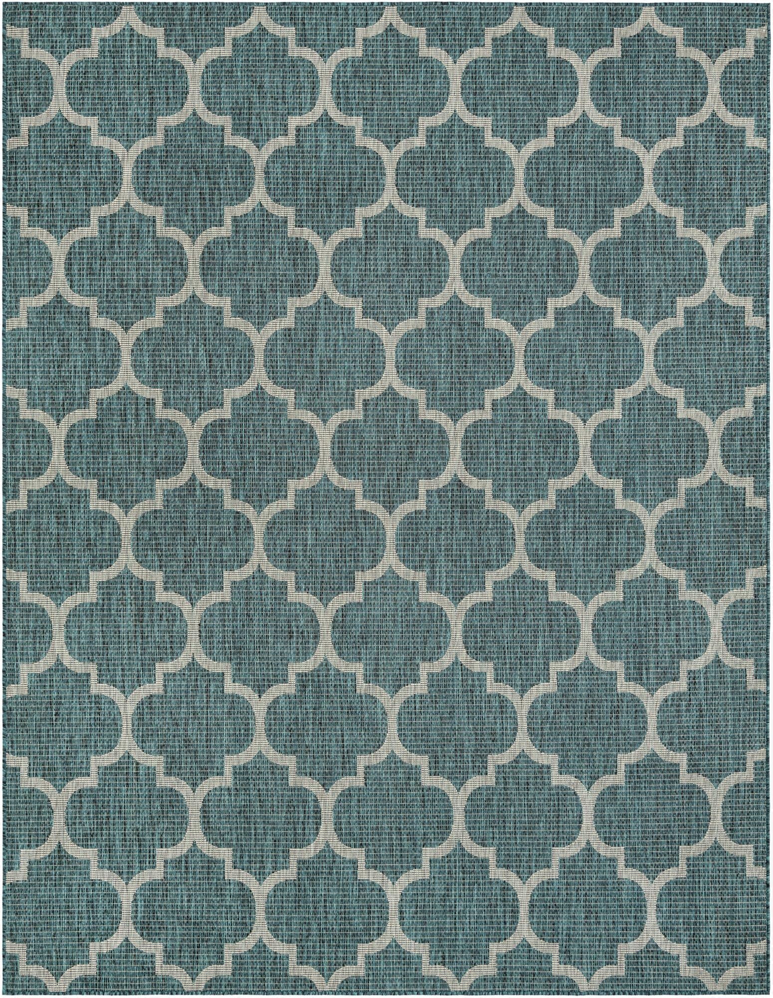 A rectangular 8x10 blue and green modern rug with a white lattice pattern, suitable for indoor or outdoor use.