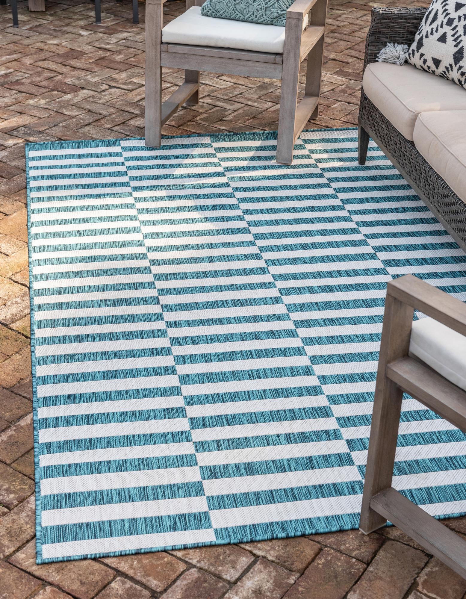 Custom Teal  Washable Striped Indoor / Outdoor Rug