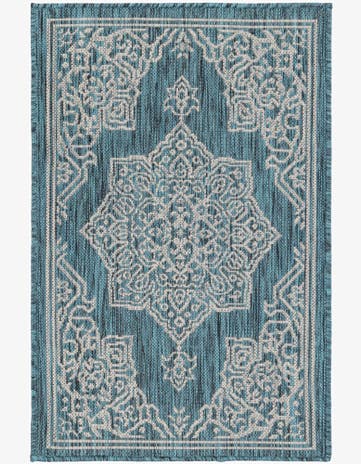 Teal Easy-Clean Traditional Indoor / Outdoor Rug
